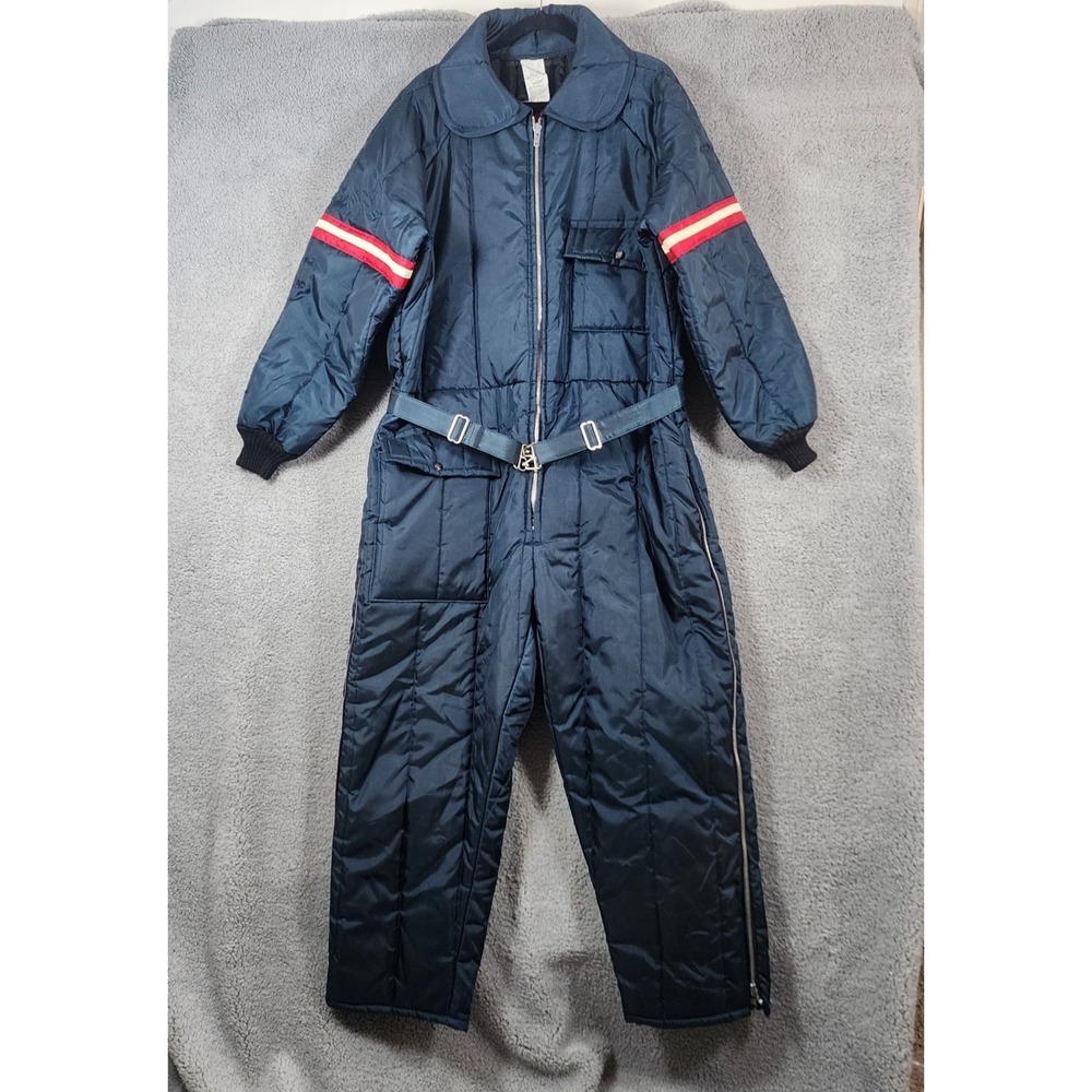 Vtg 70s JCPenney Snowmobile Suit Men's XL Blue w Belt 100% Nylon USA Easy Care
